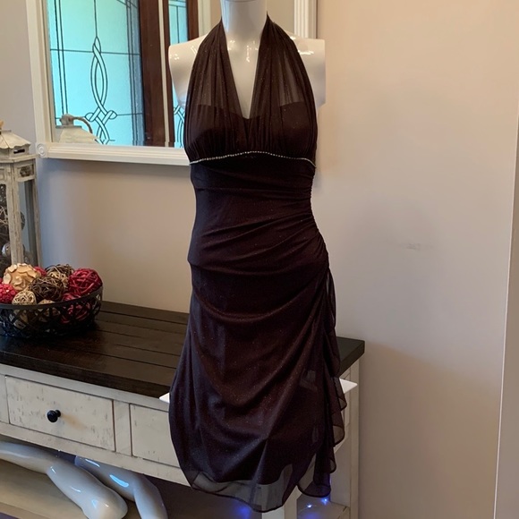 Blondie Nites by Linda Bernell Brown Sparkly Glitter Halter Style Dress - Size 1 - Picture 1 of 9